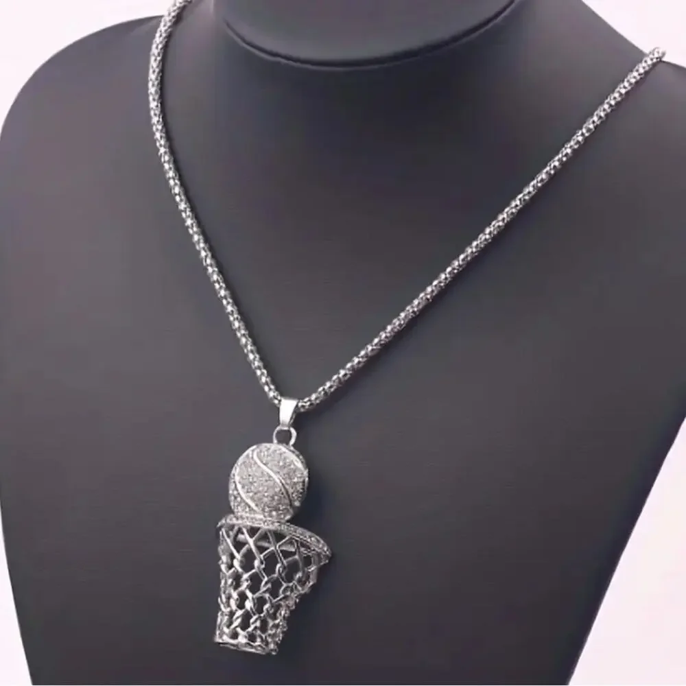 Basketball Necklace Silver Tone with Rhinestones 24” Chain